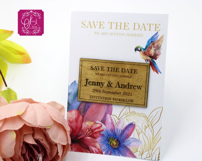 Save the Date Fridge Magnet with parrot and tropical flowers
