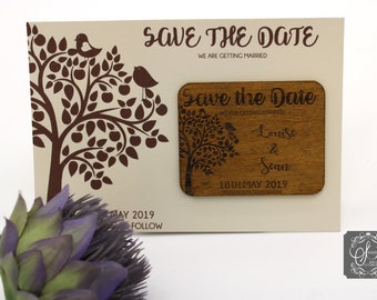 Tree and love bird Save the Date square magnet on Ivory Card