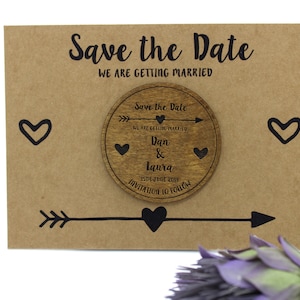 Wooden Save the Date Fridge Magnet with arrow and heart details white card image 3