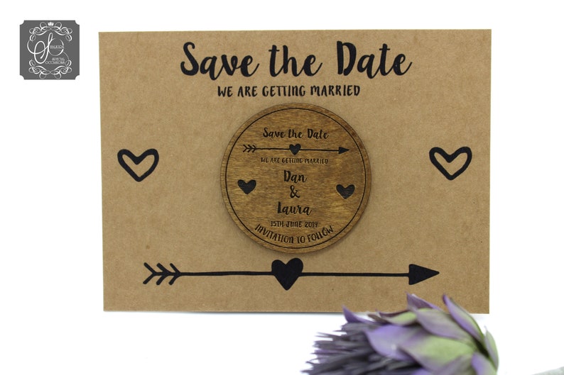 Wooden Save the Date Fridge Magnet with arrow and heart details white card image 3