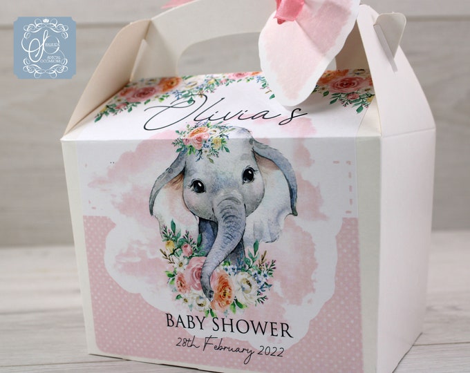 Personalised Baby Shower, New Baby, Gable Party Activity Gift Cake Lunch Boxes for Wedding, birthday, christening, Baby Pink Elephant