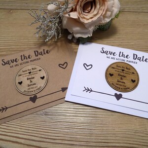 Wooden Save the Date Fridge Magnet with arrow and heart details white card image 7