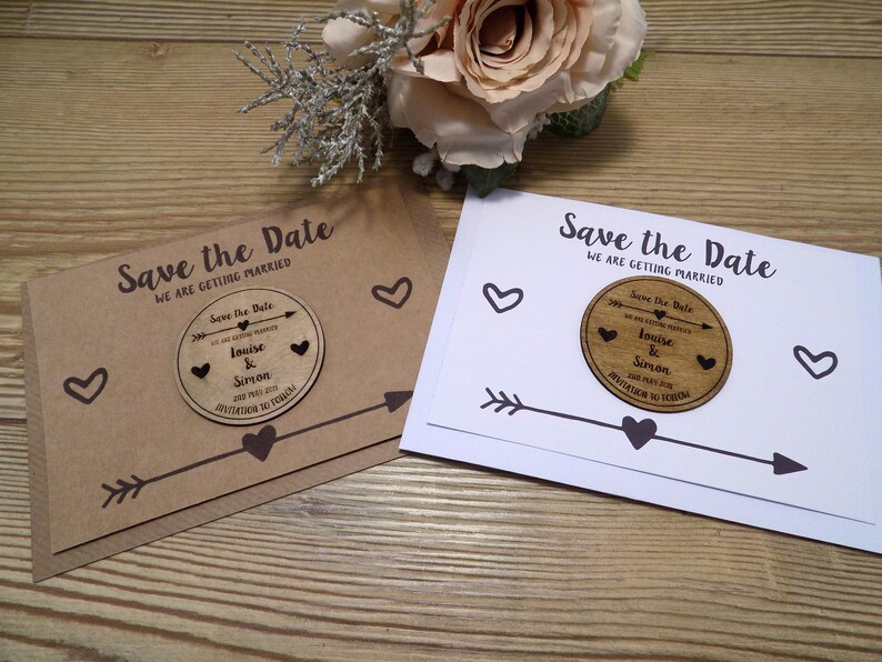 Wooden Save the Date Fridge Magnet with arrow and heart details white card image 7