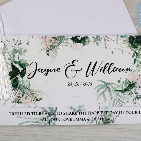 Personalised Wedding Money gift wrap wallet envelope, Fern, Wedding favour Bride and Grooom