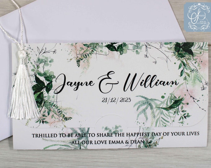 Personalised Wedding Money gift wrap wallet envelope, Fern, Wedding favour Bride and Grooom