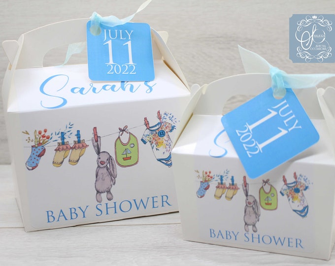 Personalised Baby shower, new baby party favour cake treat box, favor gift box, announcement blue tag