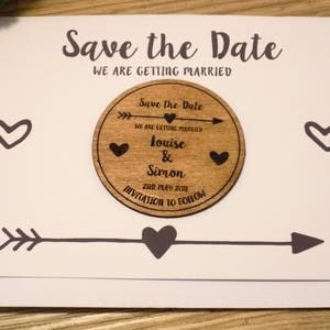 Wooden Save the Date Fridge Magnet with arrow and heart details white card image 9