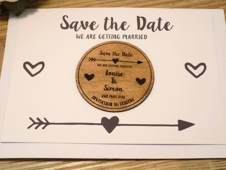 Wooden Save the Date Fridge Magnet with arrow and heart details white card image 9