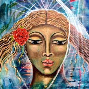 Puede incluir: Una pintura de una mujer con el pelo largo y rubio que fluye. Lleva un velo blanco y tiene una rosa roja en el pelo. Sus ojos están cerrados y parece que está llorando. El fondo es un diseño abstracto azul y verde con huellas de manos rojas.