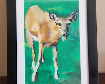 Deer Snacking, Original Gouache Painting on Paper Framed
