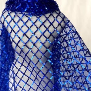Peut inclure: Tissu bleu royal pailleté avec un motif en losange. Les paillettes sont petites et serrées, créant un effet scintillant.