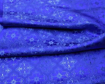 Blue color brocade fabric, jacquard fabric, by the yard