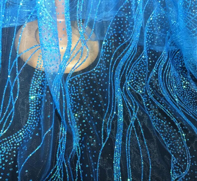 stage fabric by the yard glitter style mesh fabric Water blue colorblack mesh fabric wedding mesh fabric embroidered mesh fabric