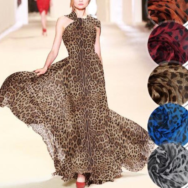 ON SALE, 6 Color 100% Silk chiffon fabric, printed silk chiffon fabric with leopard style, by the yard