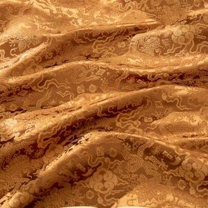 Tecido brocado cor bronze dourado com padrão de dragão dourado, tecido jacquard, tecido para vestido cosplay, por metro
