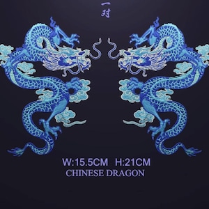 May include: Two embroidered blue Chinese dragon patches. Each dragon is intricately detailed with shades of blue and white, set against a dark background. The text "W:15.5cm H:21cm CHINESE DRAGON" is displayed below the patches.