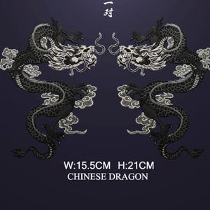 Può includere: Due toppe ricamate con draghi cinesi. Ogni drago è nero con dettagli bianchi e grigi, con dettagli intricati. Le toppe sono larghe 15,5 cm e alte 21 cm. Il testo "CHINESE DRAGON" è in basso.