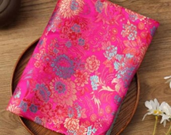 Rose red with blue gold flower Chinese style jacquard fabric, brocade fabric, plum blossom fabric, by the yard-29inches wide