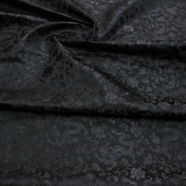 Black brocade fabric, jacquard fabric, dragon style brocade fabric, cosplay dress fabric, by the yard