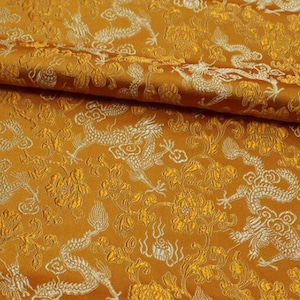 Orange yellow color brocade fabric, jacquard fabric, gold color dragon style brocade fabric, cosplay dress fabric, by the yard