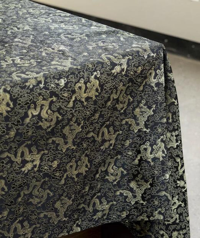 Wide Fabric, Black Color Jacquard Fabric With Champagne Gold Dragon