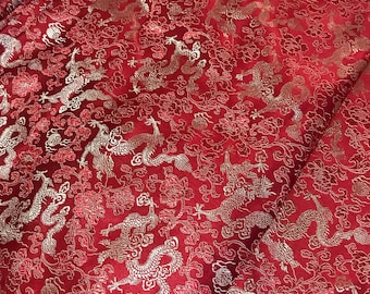 Red color brocade fabric with golden dragon pattern, jacquard fabric, Cosplay fabric, by the yard