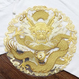 Applique drago cinese dorato a 2 colori, motivo drago ricamato, per 1 pz.