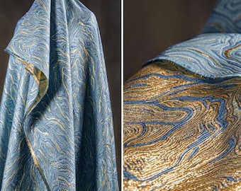 30%Off-Light blue gold glossy jacquard texture fabric, jacket dress fabric,  wave pattern jacquard, retro Chinese style wedding dress fabric