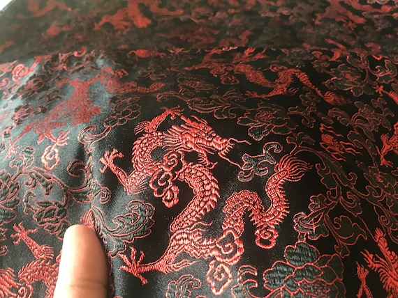 Black Color Brocade Fabric With Black Dragons Jacquard Fabric