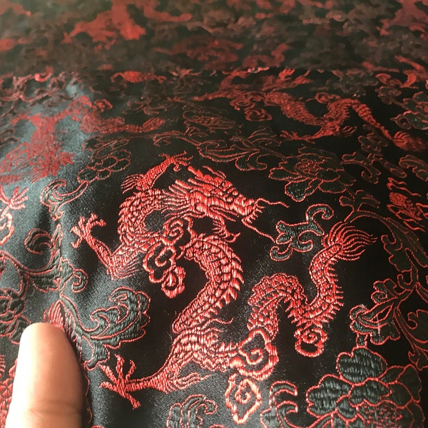 Black color red dragon fabric, brocade fabric, jacquard fabric, dragon style brocade fabric, cosplay dress fabric, by the yard