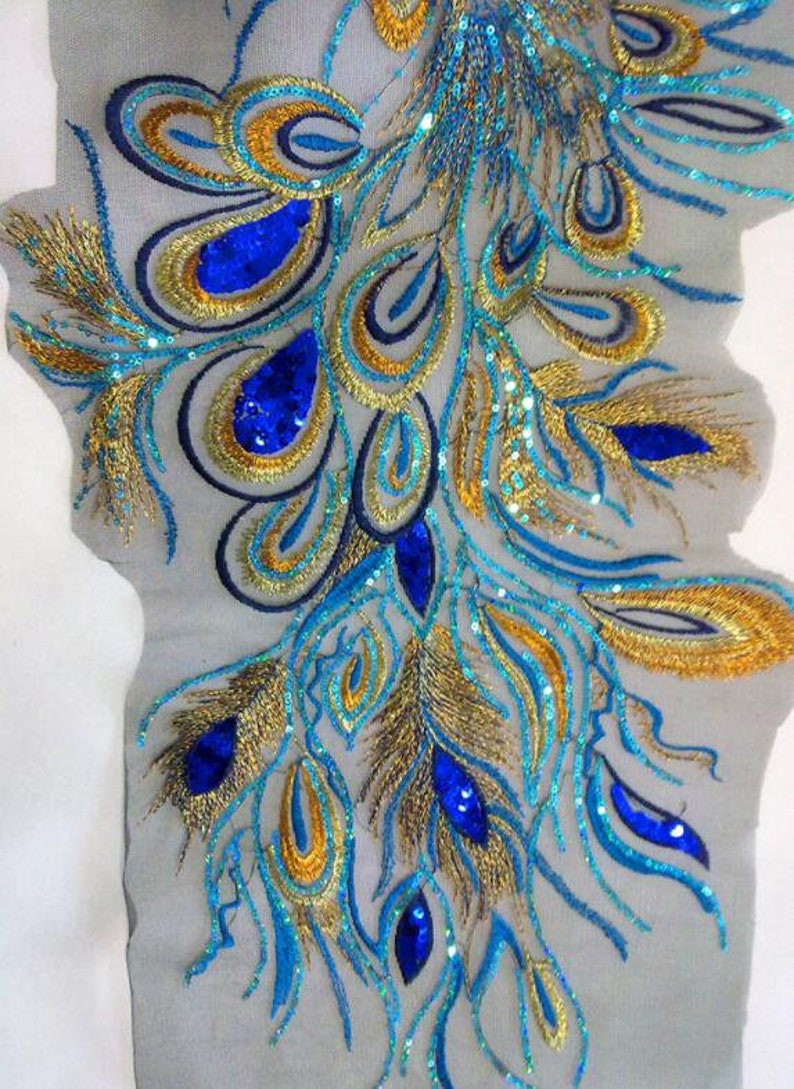 Blue Color Feather Applique Sequins Applique Embroidered - Etsy