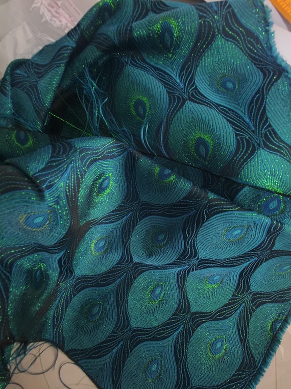 High quality peacock blue green color brocade fabric with peacock feather pattern,  brocade fabric, chair sofa cushion cover fabric