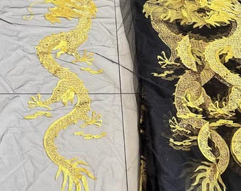 Black background mesh with gold dragon, sequin embroidery patch, qipao clothes skirt decoration accessories DIY 1 PCS-sewing on