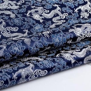 Navy blue  brocade fabric, silver dragons fabric,  jacquard fabric, dragon style brocade fabric, cosplay dress fabric, by the yard