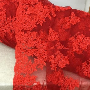 Red lace fabric, mesh embroidered fabric, wedding lace fabric, cosplay dress fabric, by the yard