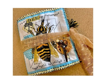 Handmade Hand Stitched Bees Fabric Needle Book Loaded