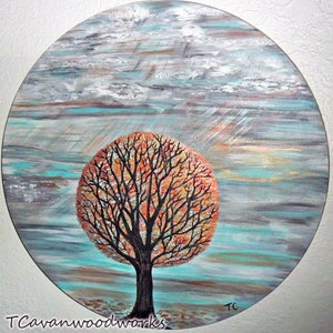 fall tree painting, fall landscape painting, round wood painting, fall tree art, fall leaves, tree on wood, autumn tree painting sky clouds