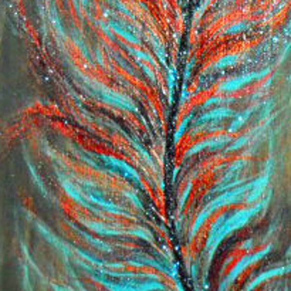 feather painting, turquoise copper metallic, feather art on wood, rustic feather art, feather wall art, feather wall decor, painted feather