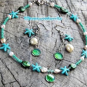 Mermaid scale necklace, mermaid pearl necklace, starfish necklace, mermaid scale earrings, mermaid scale necklace earring set, mermaid pearl