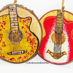 Acoustic guitar ornaments, guitar player gift, guitar strings art, wood burning, set of 2, acoustic guitar ornament acoustic guitarist gifts
