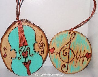 Violin / Cello wood ornaments, wood burning, cello ornament, violin ornaments wood slice painting, cellist gifts, violinist gifts pyrography