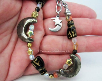 Celestial cat crescent moon star charm bracelet Pyrite crescent moon gemstones black cat star charm crescent moon witch Halloween Fall moon