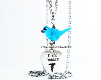 blood thinner necklace blue bird glass pendant blood thinner jewelry stainless blood thinner necklace gift bluebird lover necklace pacemaker