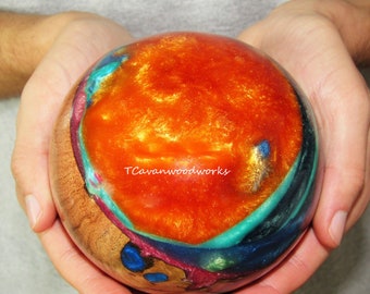 Wood Turned resin inlaid oblate sphere art Blue moon fireball galaxy Resin inlaid wood turning Wood ball resin inlay art sculpture Wood gift