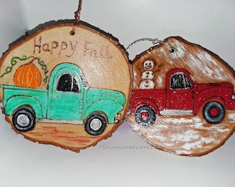 Christmas snowman truck ornament Harvest Fall Pumpkin Truck Set of 2 Classic truck wood slice ornament painting Red Christmas truck ornament