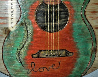 Acoustic guitar painting on wood feather love guitar wood wall art wood burned art green copper metallic guitar wall art gifts guitar lover