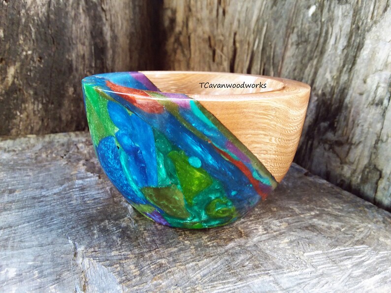 Small Resin Wood bowl hand turned inlaid multi colored epoxy Etsy