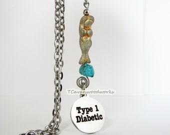 Type 1 Diabetic necklace Mermaid Ocean gemstone charm necklace stainless Type One Diabetes jewelry Type 1 Diabetic medical alert id gift
