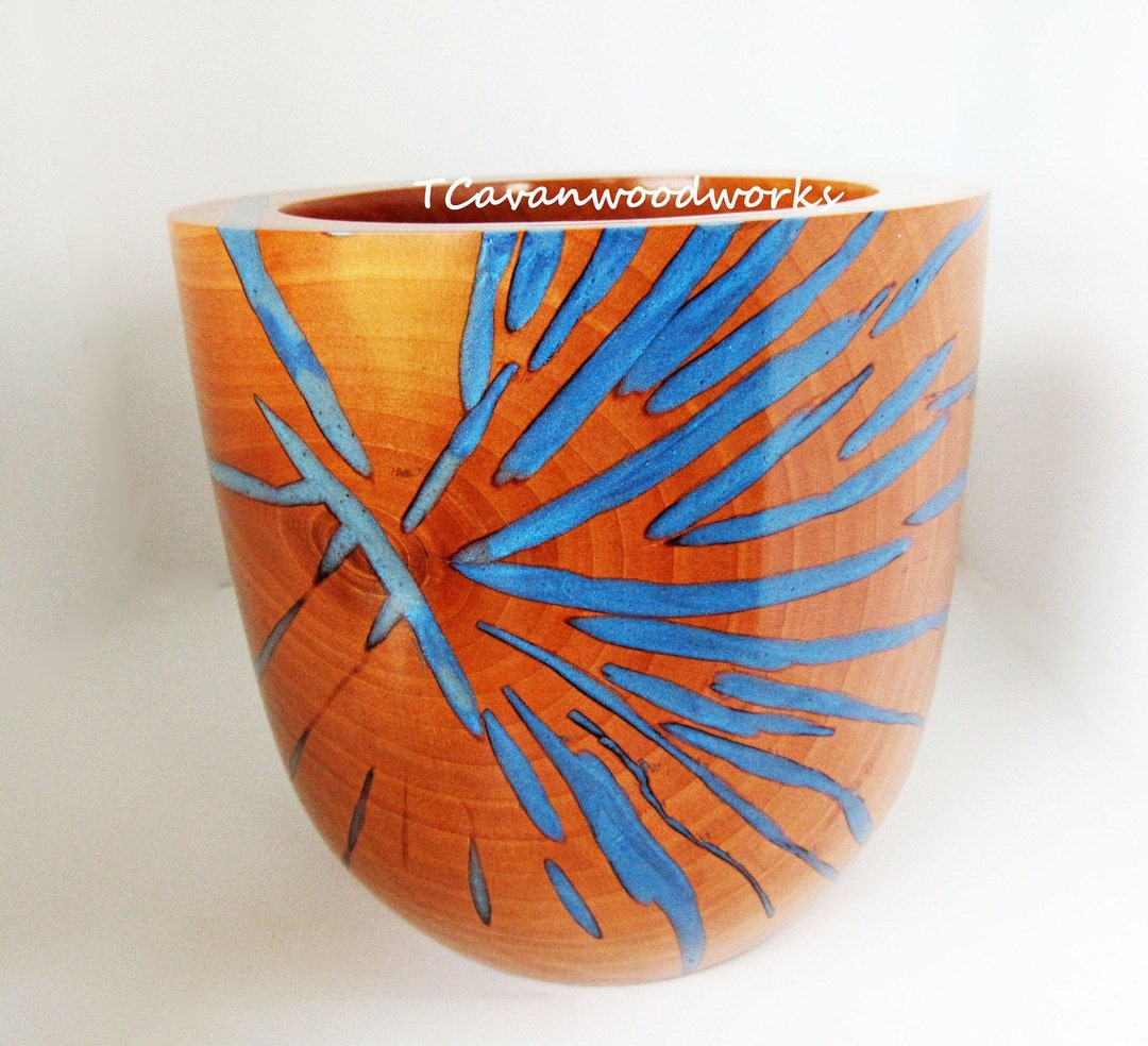 Turned Wood Vessel Blue Resin Inlays Wood Bowl Resin Inlaid Wedding