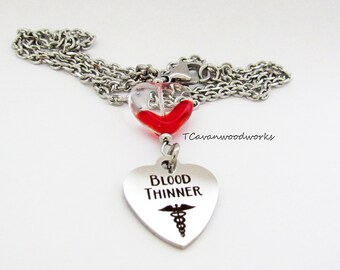 Blood Thinner medical alert id necklace stainless unique blood like glass heart blood thinner jewelry blood thinner heart charm id gifts